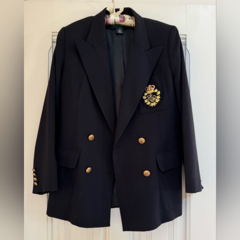 Ralph Lauren Black Classic Double Breasted Wool Blazer with Crest Logo